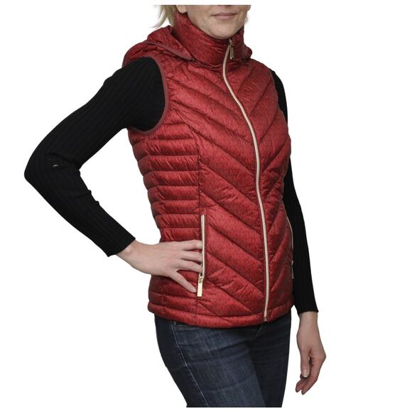 Michael Kors MK Logo Hooded Puffer Vest Jacket Dark Brandy XS $250 Nwt - Picture 1 of 4